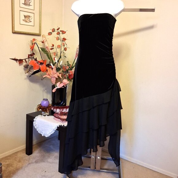 Vintage M Collection Black Maxi Evening Dress VTG Elegant Ruffled Strapless Gown - Picture 10 of 12